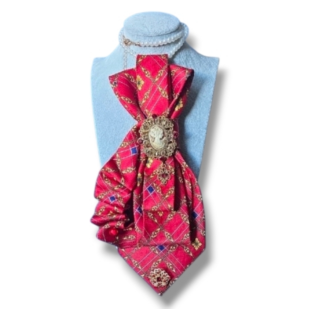 3/$60 Unique Folded Red Decorative Cravat With Cameo Accent